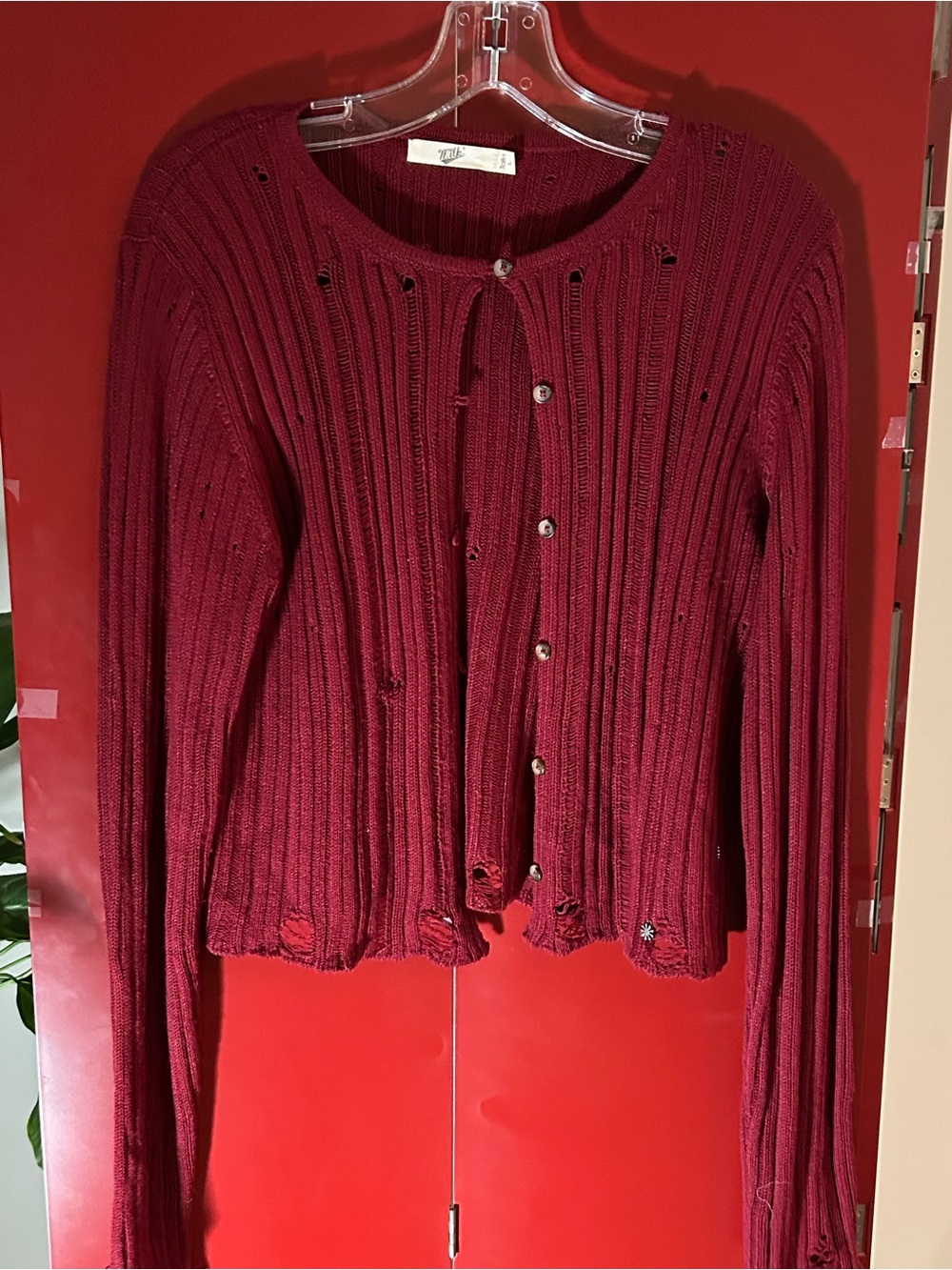 Classic Ribbed burgundy distressed Women's Cardigan Sweater size large